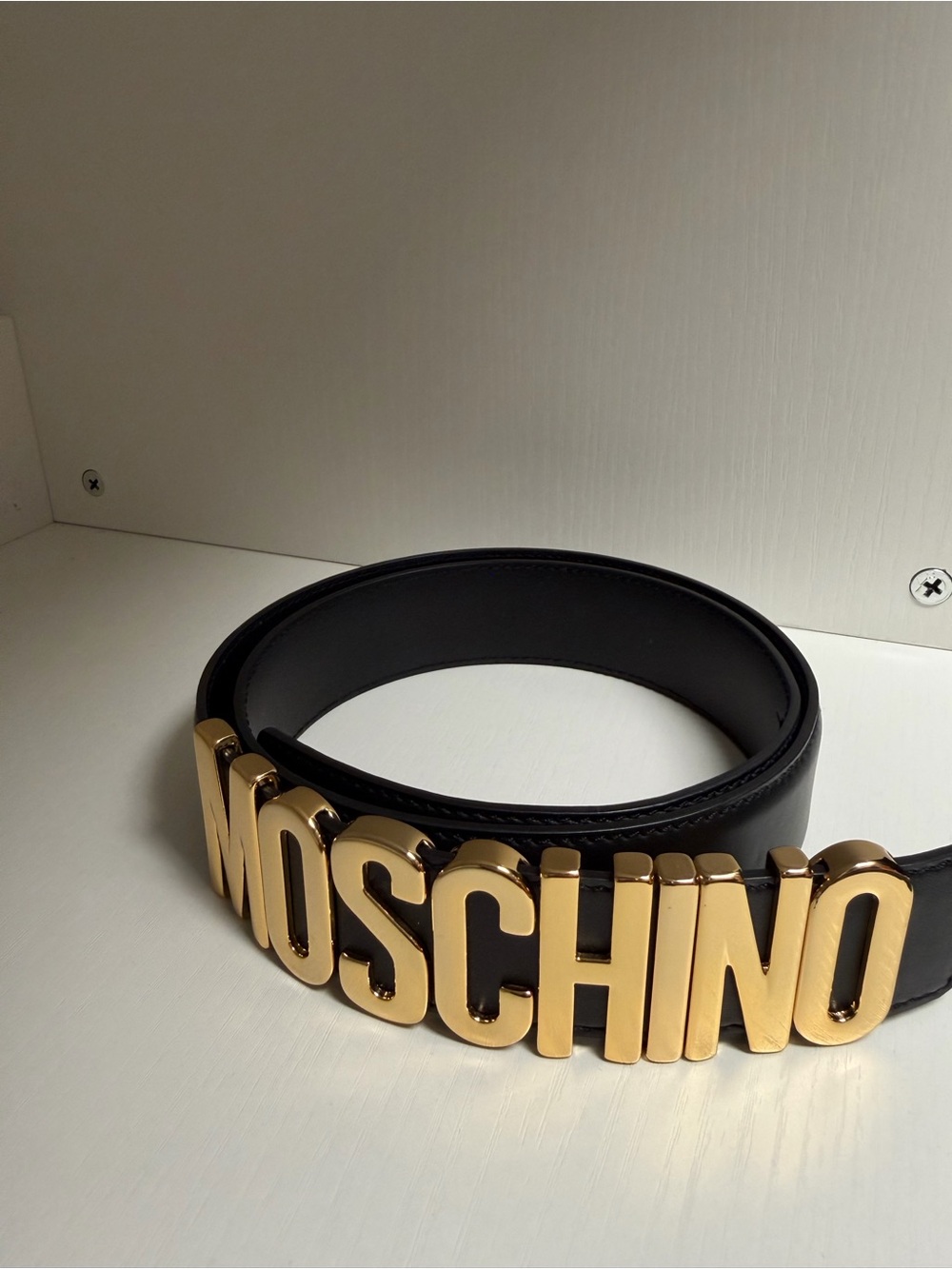 Moschino Black Leather Belt with Bold Gold MOSCHINO Lettering